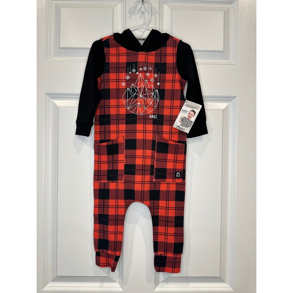 Rags Kids Red Black Buffalo Plaid Hooded Romper Jumpsuit‎ Size 18-24 Months